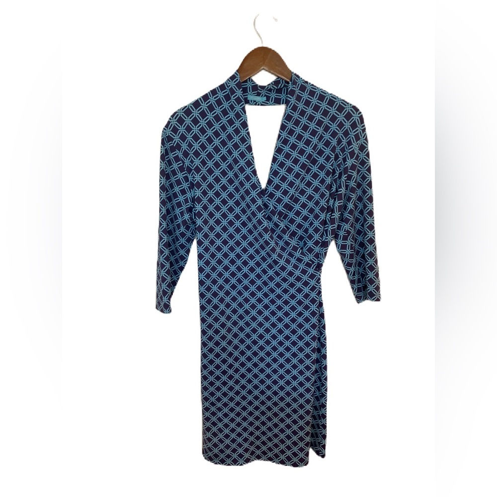 J. McLaughlin Women’s Dress Medium Catalina Cloth Faux Wrap Blue Geometric